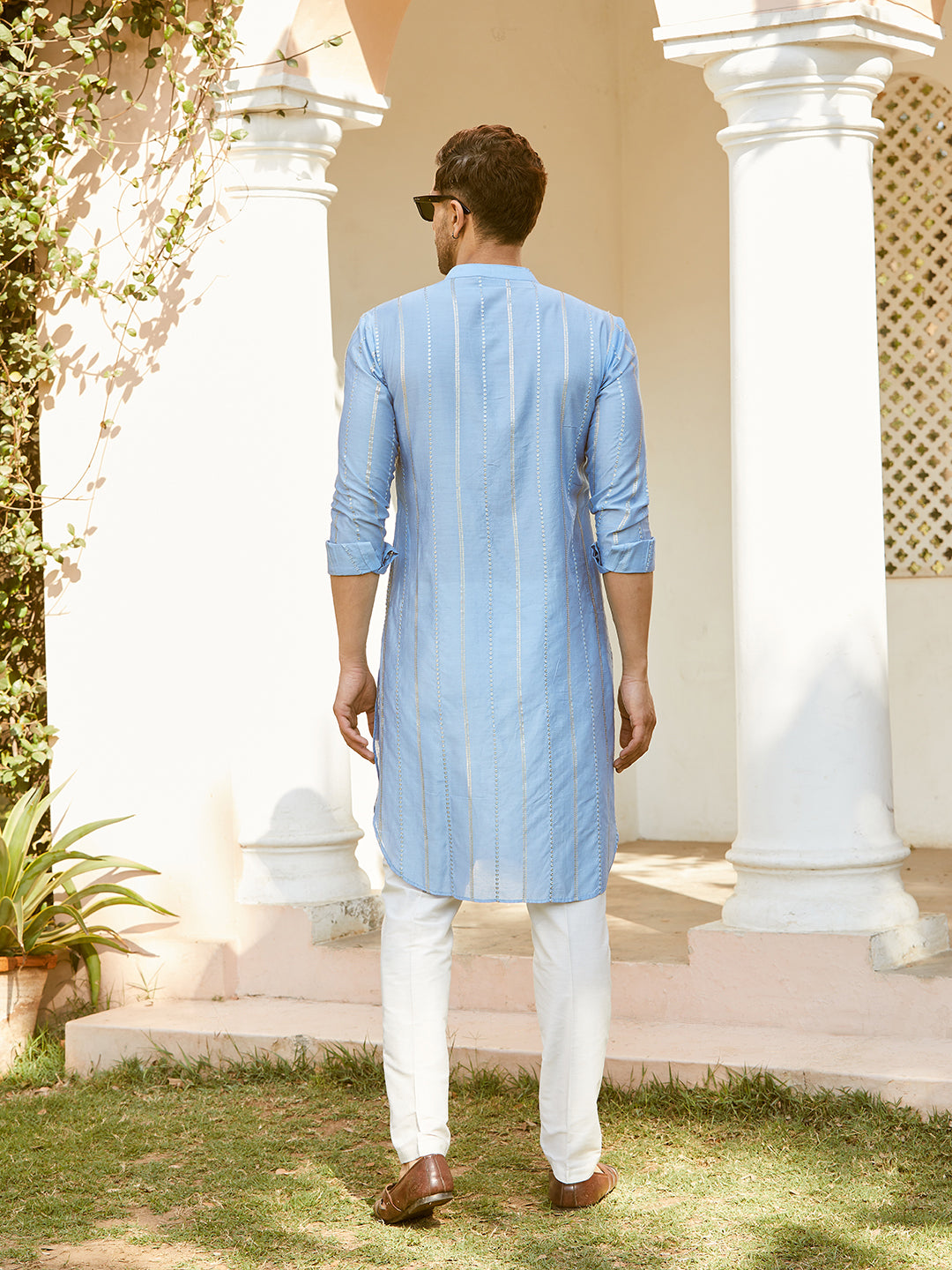 Men Turquoise Blue Chanderi Silk Sequins Cotton Kurta