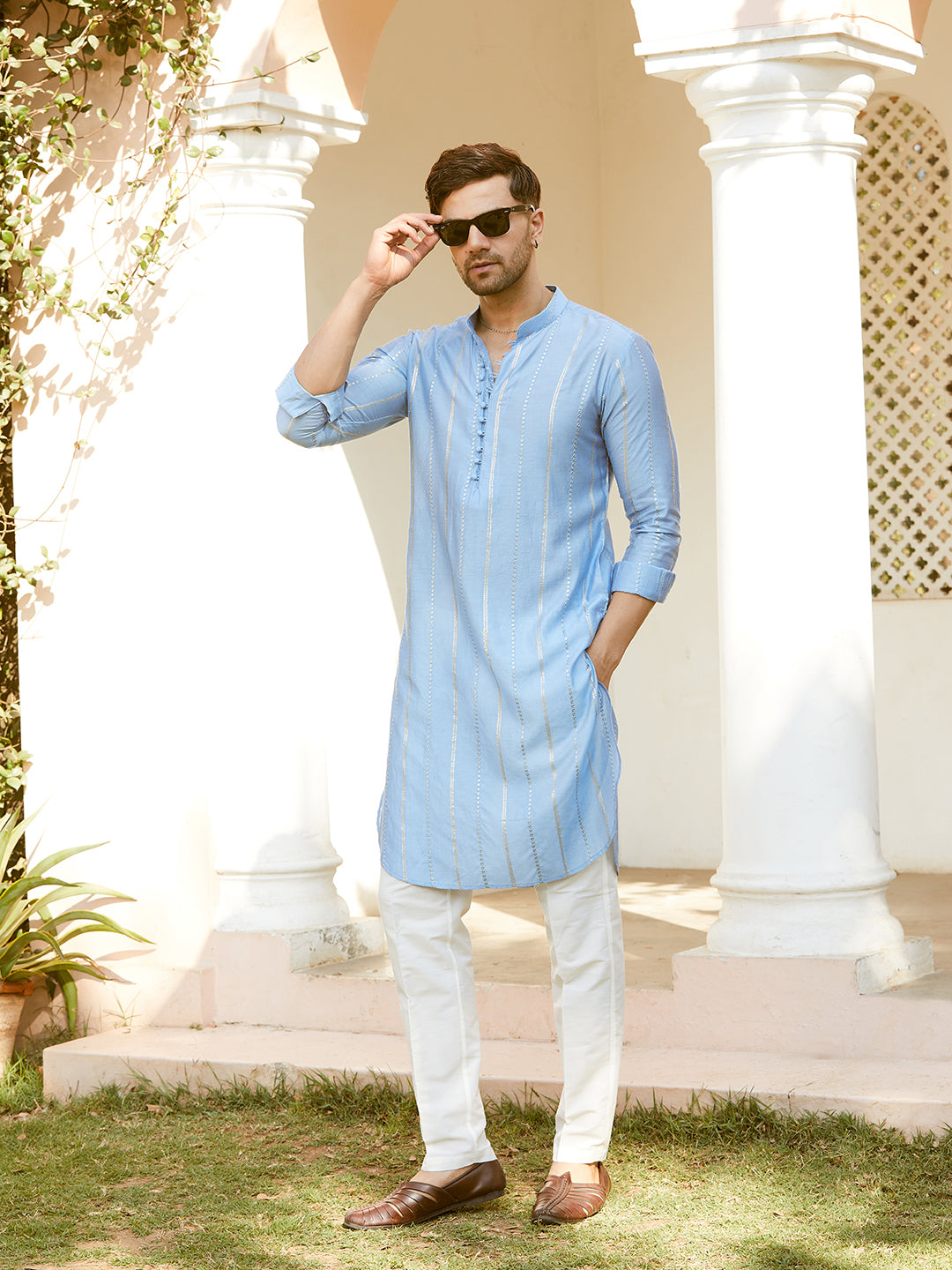 Men Turquoise Blue Chanderi Silk Sequins Cotton Kurta