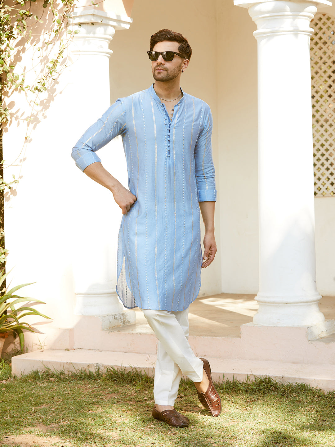 Men Turquoise Blue Chanderi Silk Sequins Cotton Kurta
