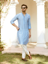 Men Turquoise Blue Chanderi Silk Sequins Cotton Kurta