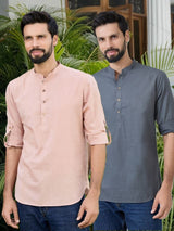 Men Pack Of 2 Brown & Grey Cotton Solid Short Kurta
