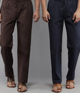 Men Deep Brown & Navy Blue Pajama Pack Of 2 Solid Cotton Combo Pajama