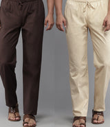 Men Deep Brown & Beige Pajama Pack Of 2 Solid Cotton Combo Pajama