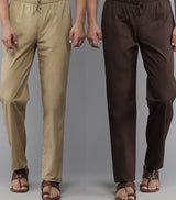 Men Deep Brown & Brown Pajama Pack Of 2 Solid Cotton Combo Pajama