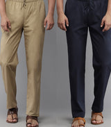 Men Brown & Navy Blue Pajama Pack Of 2 Solid Cotton Combo Pajama