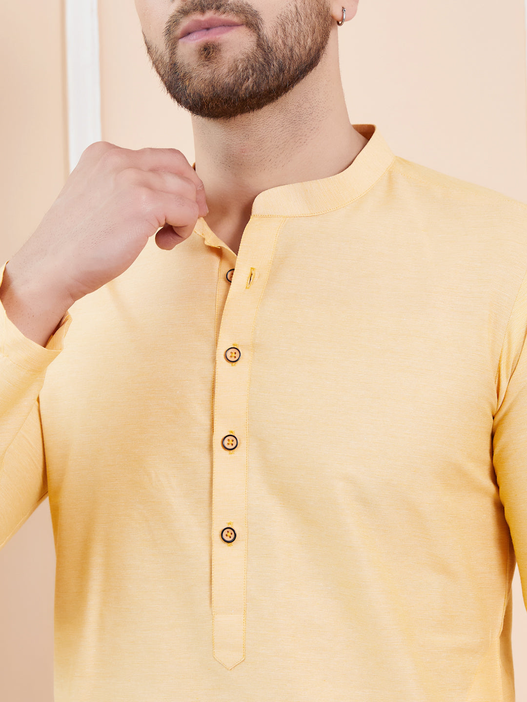 Men Beige Cotton Solid Straight Kurta With Pyjama