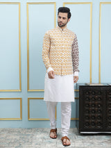 Men Off White And Yellow Color Printed Cotton Nehru Jacket