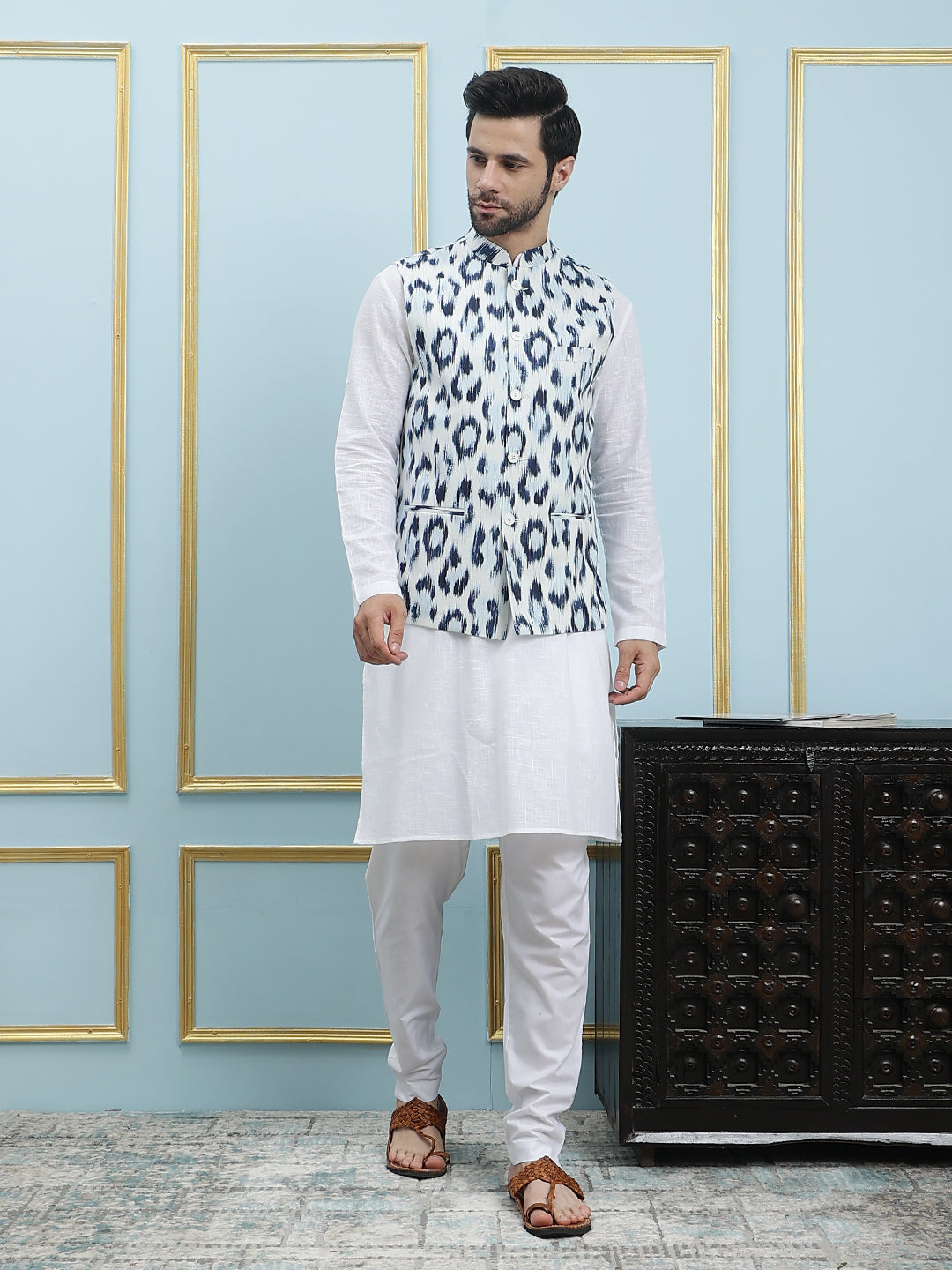 Men White And Blue Color Printed Cotton Nehru Jacket