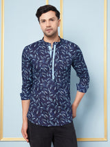 Men Blue Indigo Printed Cotton Short Kurta