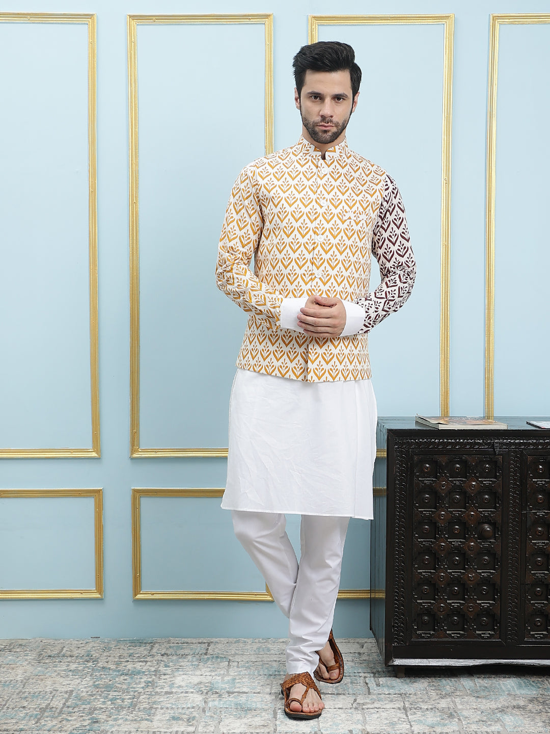 Men Off White And Yellow Color Printed Cotton Nehru Jacket