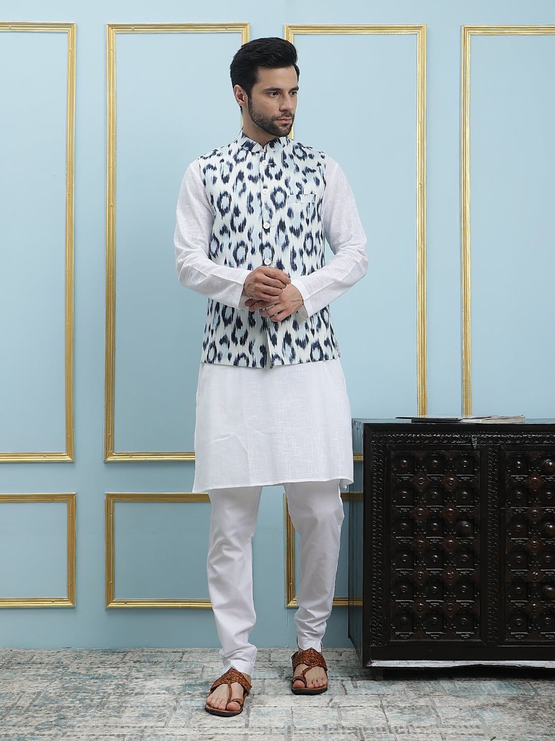 Men White And Blue Color Printed Cotton Nehru Jacket