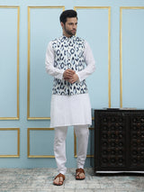 Men White And Blue Color Printed Cotton Nehru Jacket