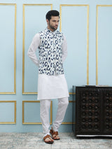 Men White And Blue Color Printed Cotton Nehru Jacket