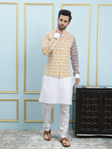 Men Off White And Yellow Color Printed Cotton Nehru Jacket