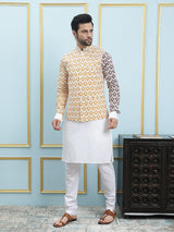 Men Off White And Yellow Color Printed Cotton Nehru Jacket