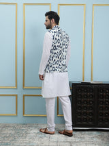 Men White And Blue Color Printed Cotton Nehru Jacket