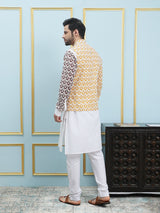 Men Off White And Yellow Color Printed Cotton Nehru Jacket