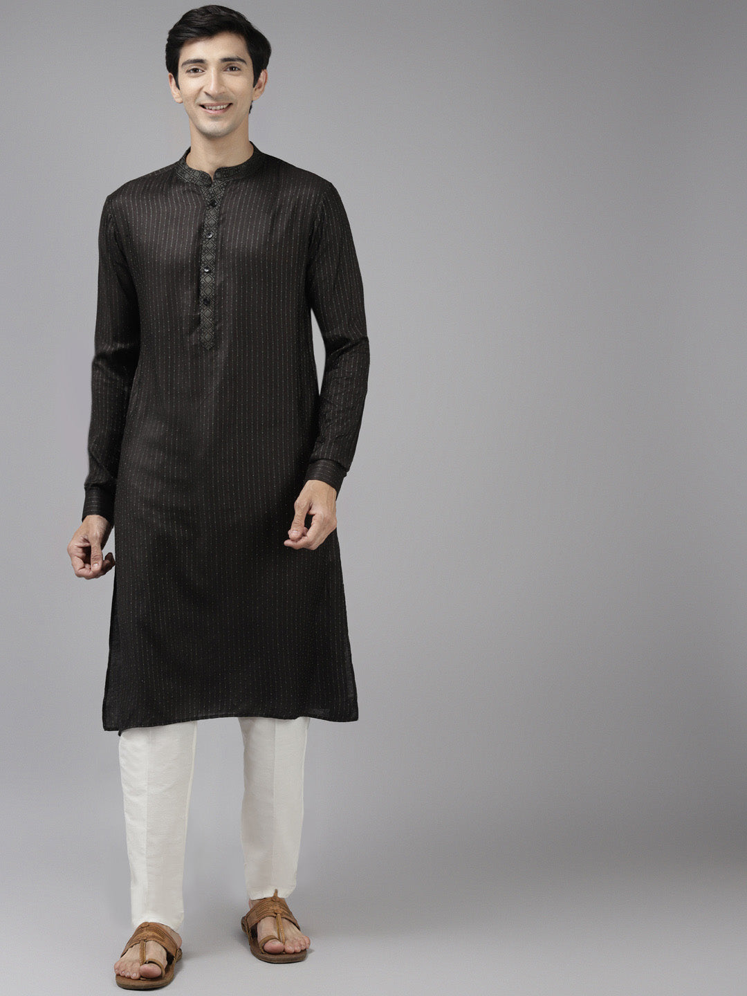 Men Olive & Beige Toned Woven Design Thread Work Kurta