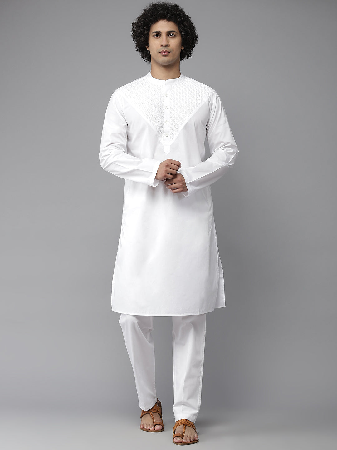 Men White Regal Yoke Design Straight Kurta With Pajama