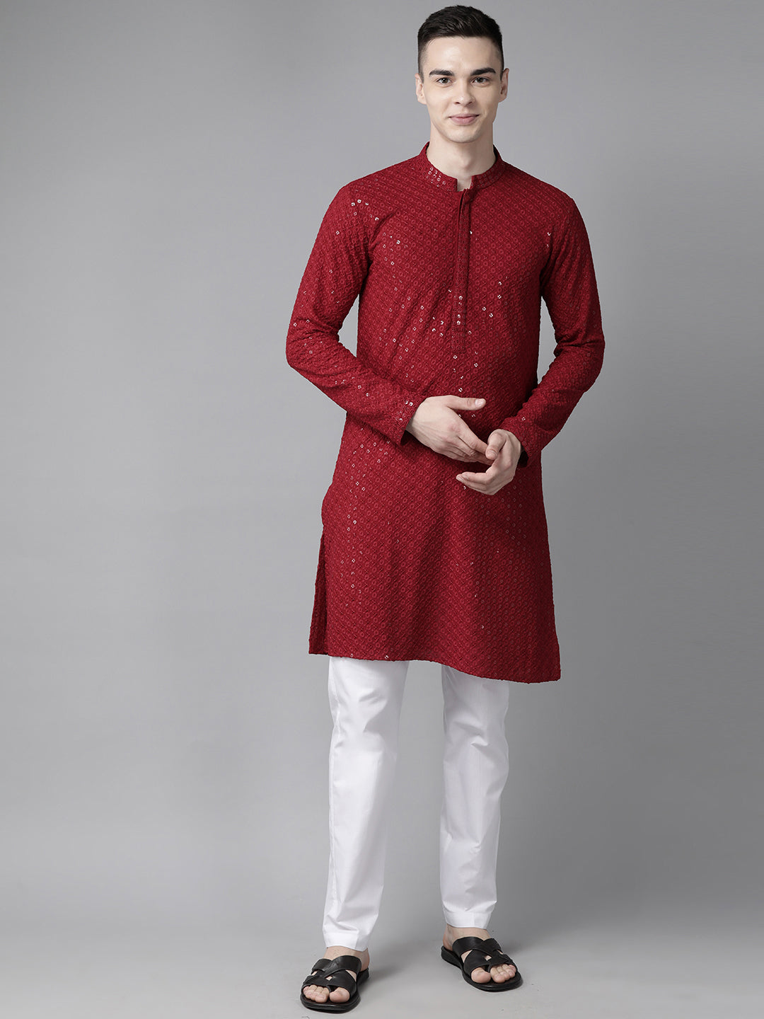Men Maroon Floral Embroidered Sequins Rayon Kurta With pyjama