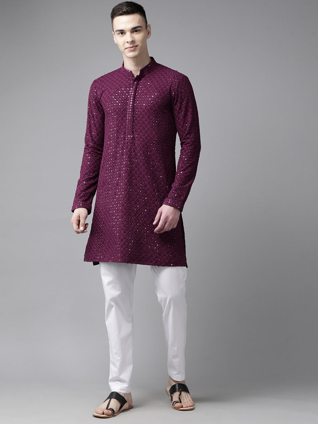 Men Megenta Embroidered Sequins Rayon Kurta With pyjama