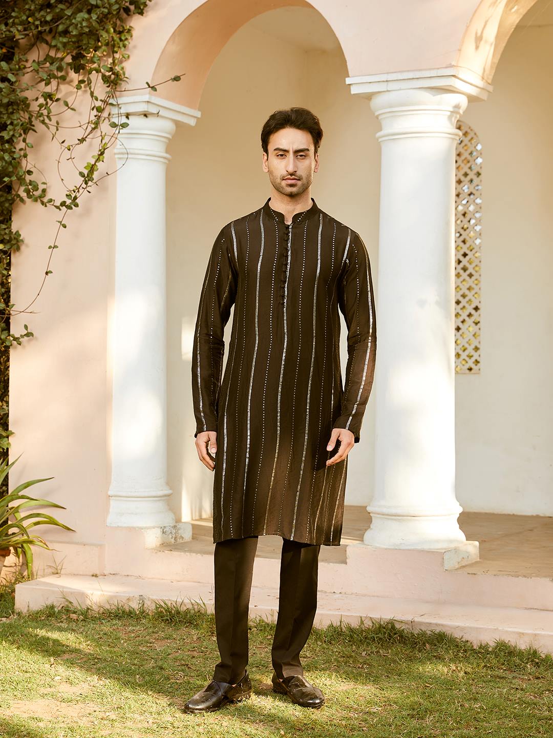 Men Black And Gold Chanderi Silk Sequins Kurta