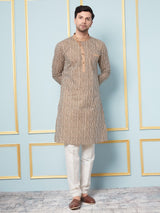 Men Coffee Brown And White Strip Printed Kurta