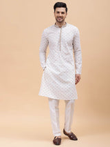 Men Off White & Multi Color Pure Cotton Embroidered Straight Kurta