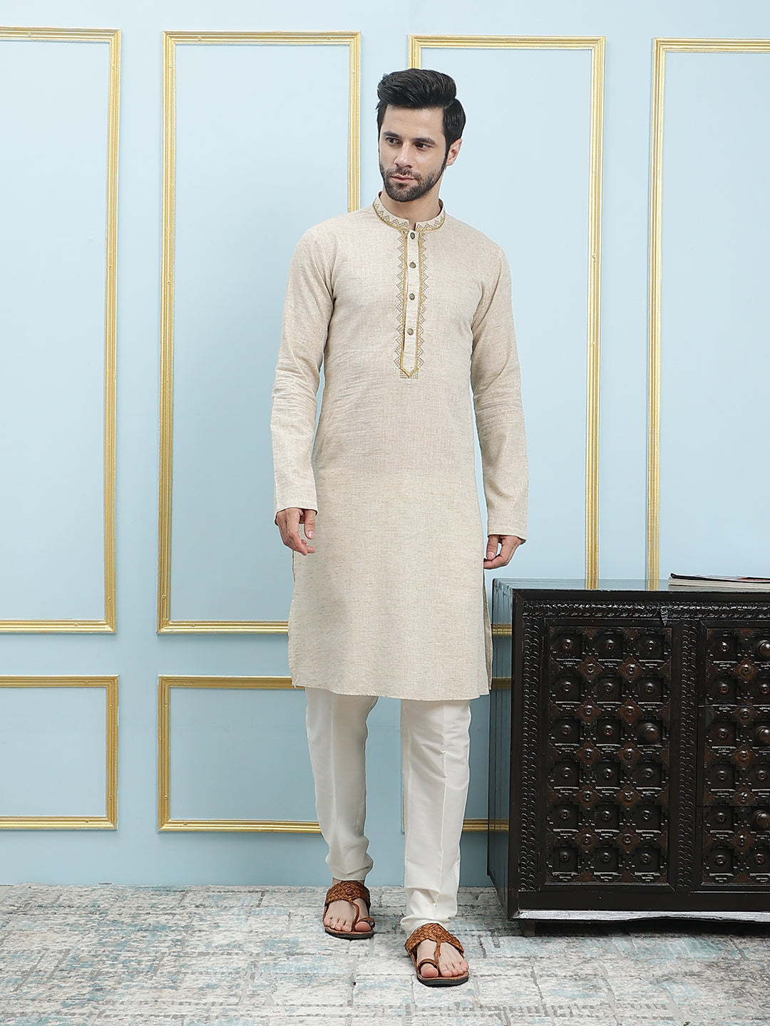 Riwaat.com Men Cream Embroidery Cotton Kurta Riwaat Embroidered