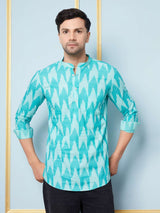 Men Aqua & White Printed Cotton Short Kurta