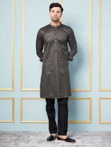 Men Black & Green Woven Design Thread Work Kurta With Pajama