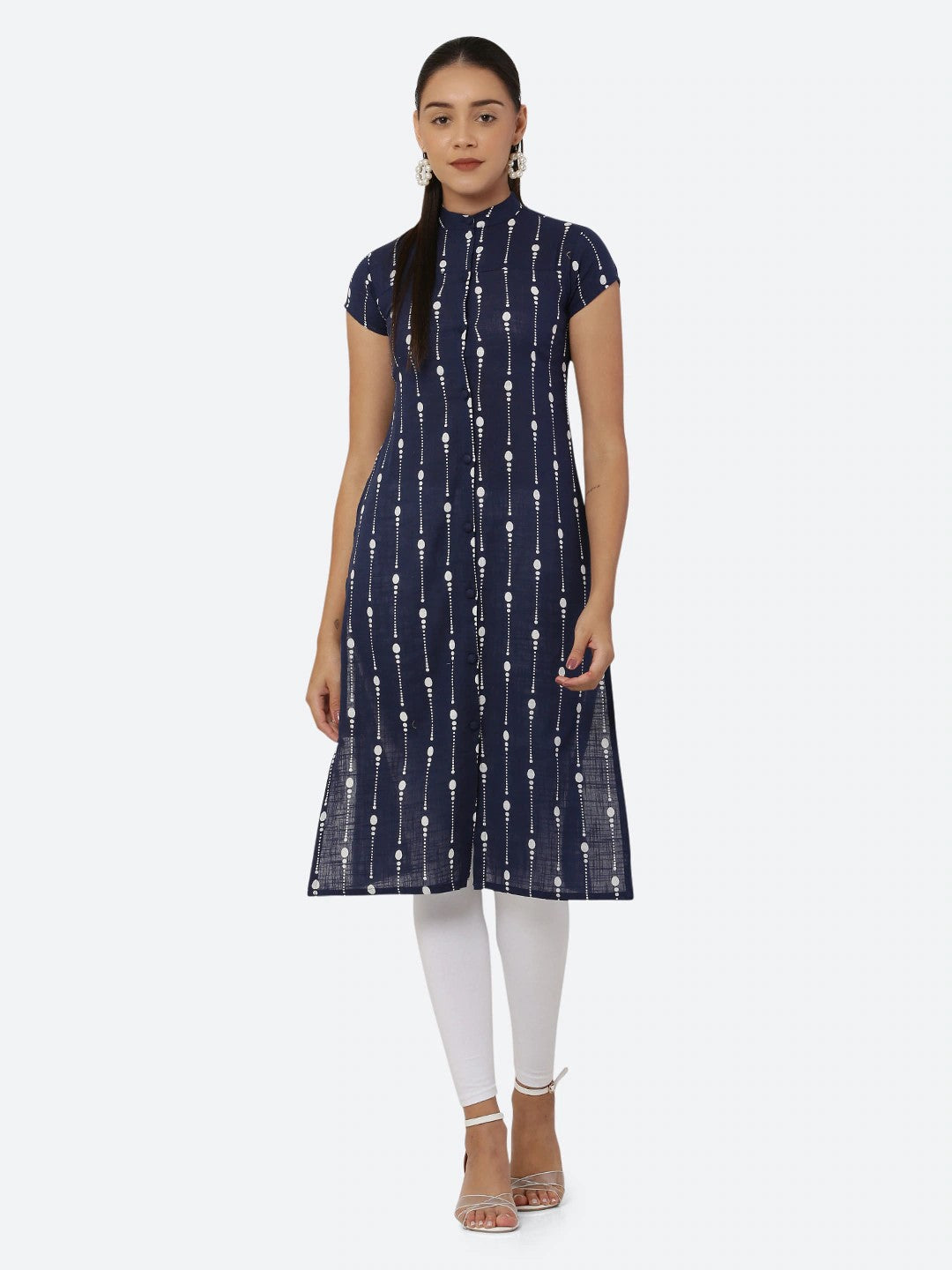 Women Navy Blue & White Khari Print Straight Kurti