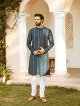 Men Teal And Gold Chanderi Silk Sequins Kurta With Pajama