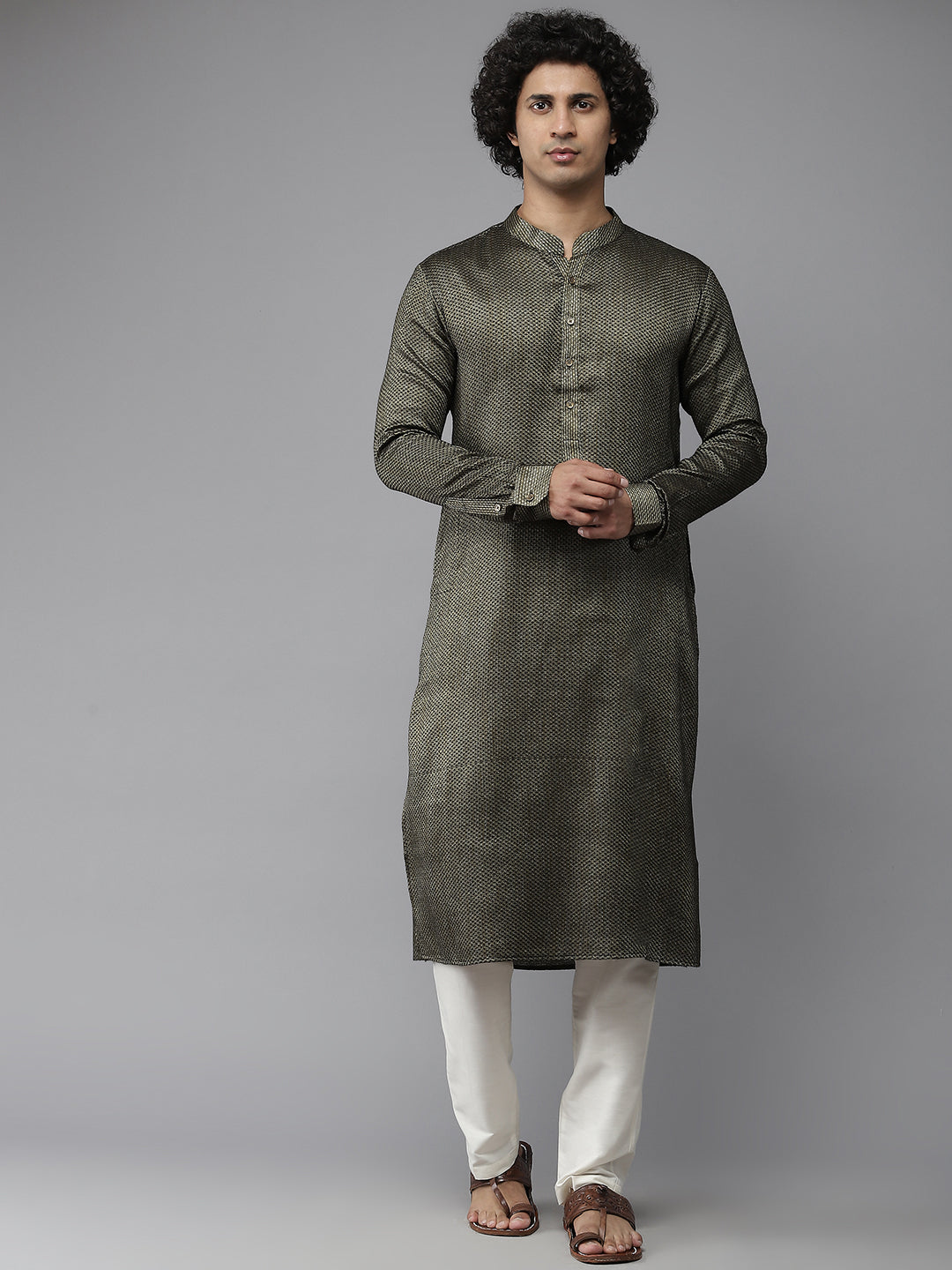 Men Green & Gold-Toned Woven Design Kurta