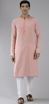 Men Peach & White Ethno Trend Printed Pure Cotton Straight Kurta