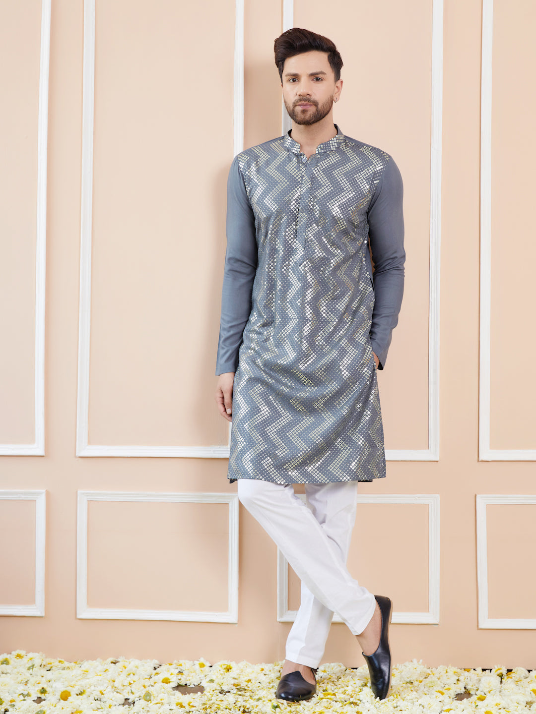 Men Grey And Gold Rayon Embroidery Sequins Kurta With Pyjama