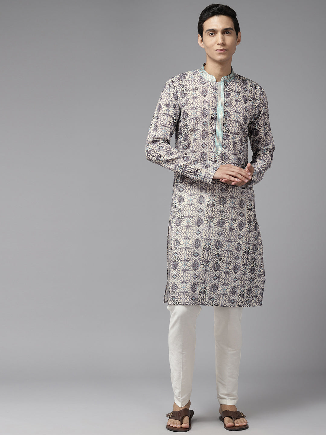Men Multi Pure Cotton Embroidered Straight Kurta