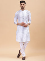 Men White & Blue Pure Cotton Embroidered Straight Kurta