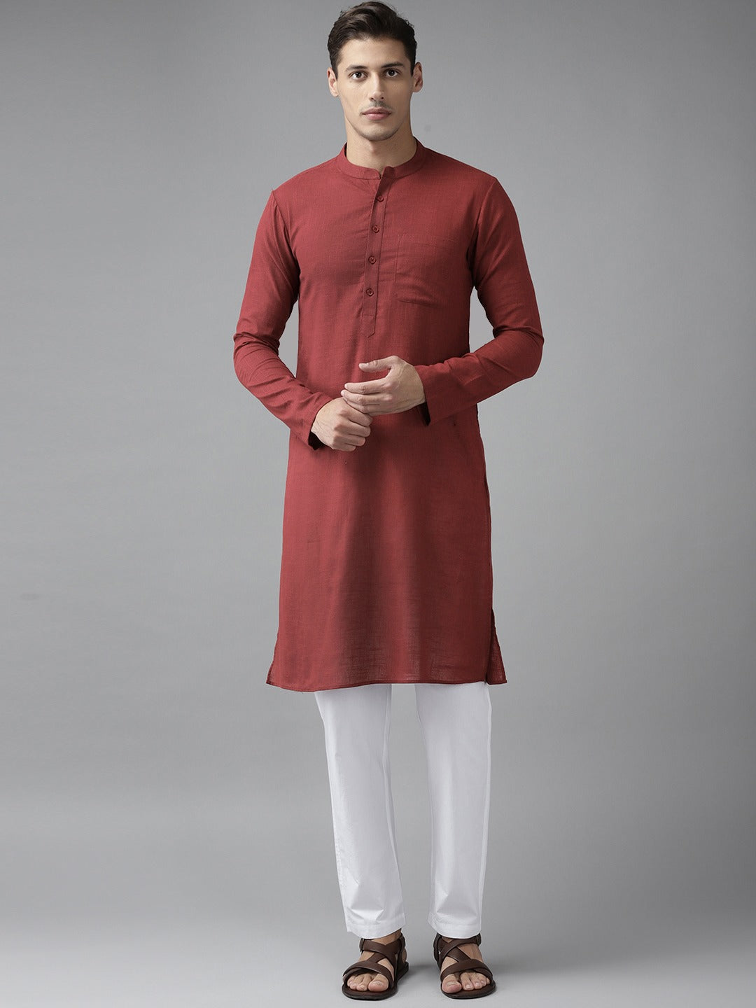 Men Maroon Cotton Straight Kurta with Slub Effect