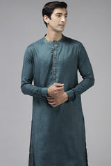 Men Teal & Beige Toned Woven Design Thread Work Kurta