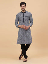 Men Black & White Pure Cotton Thread Work Straight Kurta