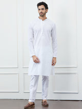 Men Pearl White Kurta with Subtle Embroidered Stripes and Pajama