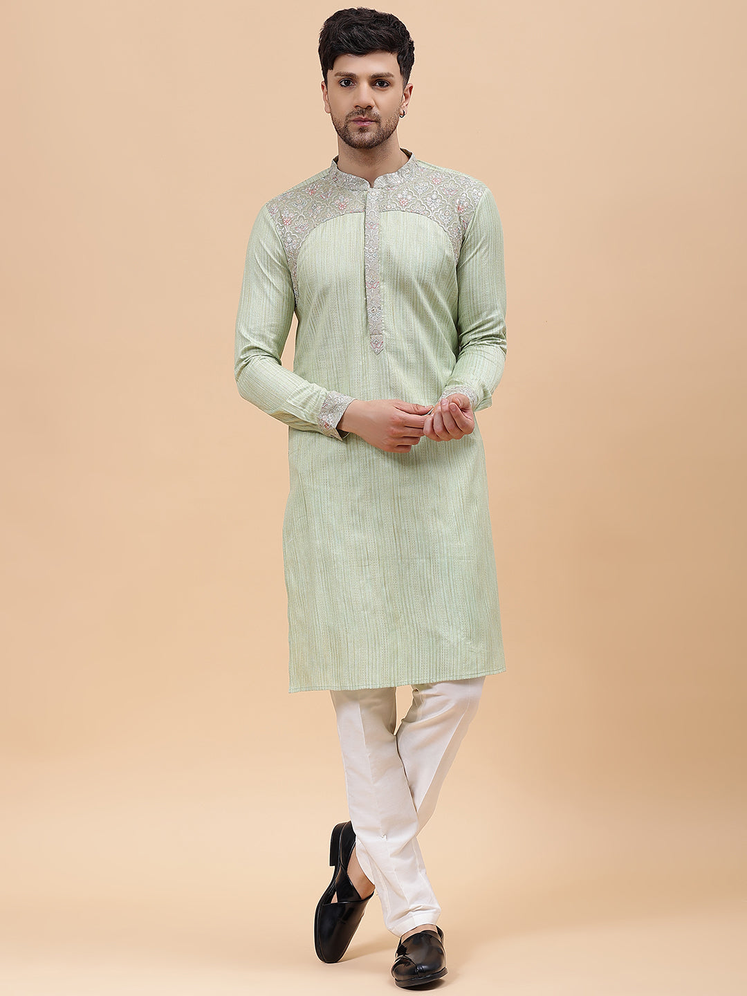 Men Lime Green & Grey Silk Woven Design Straight Kurta With pyjama