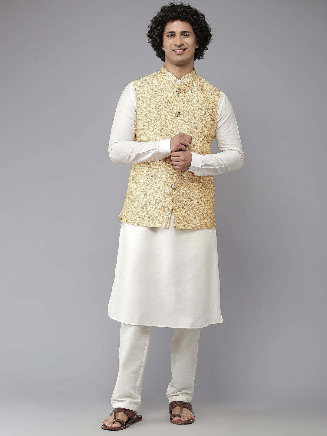 Riwaat.com Men White Solid Kurta Pajama With Golden Filigree Nehru jacket Riwaat Indo Western