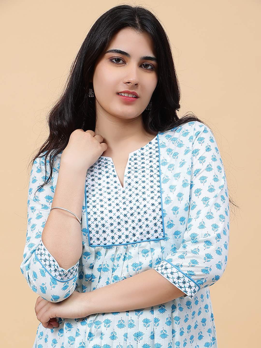 Women Blue And White Floral Yoke Design Embroidery Cotton Kurti