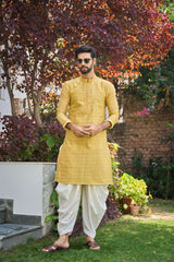 Men Mustard and White Printed Thread Work Kurta