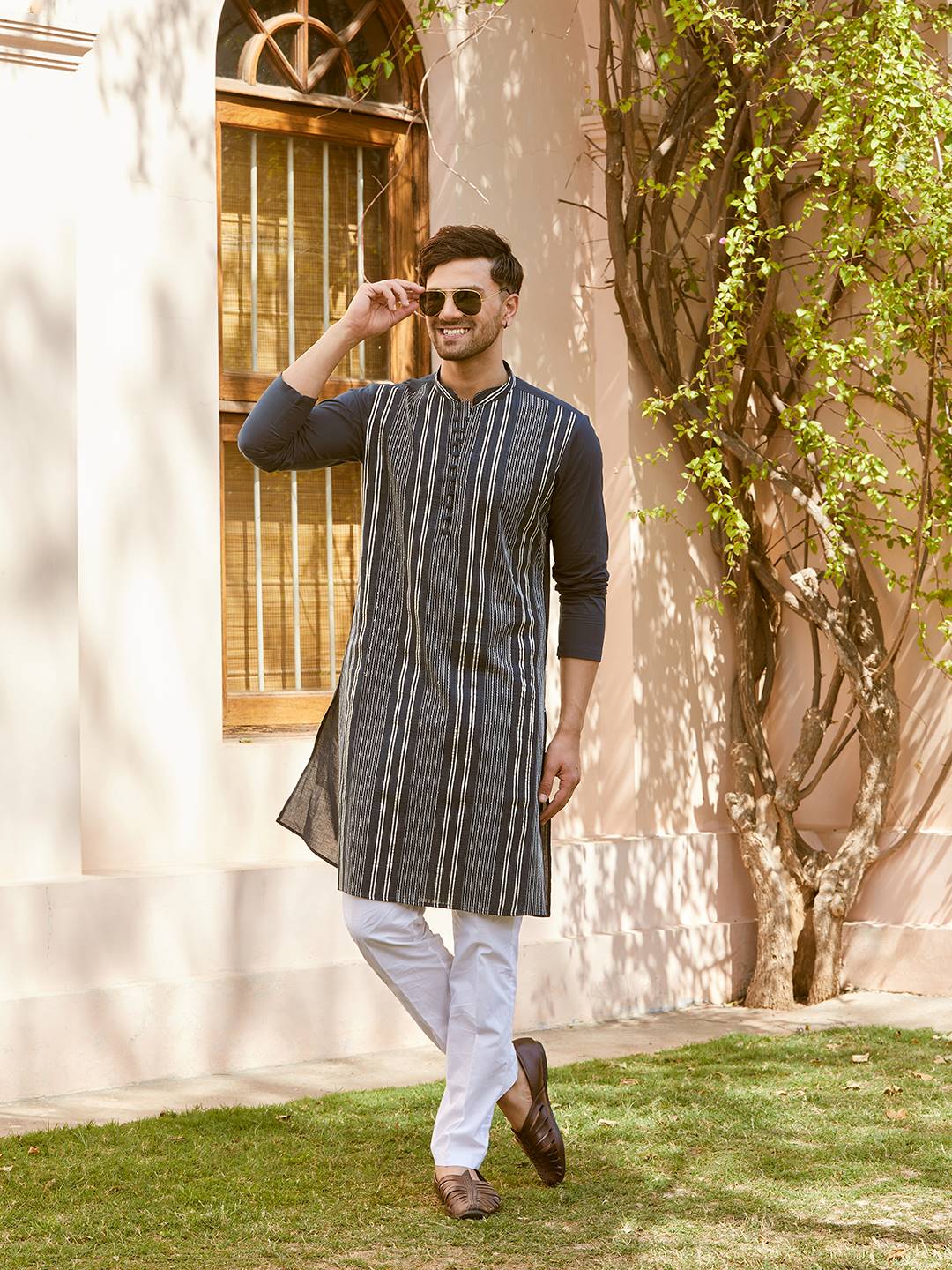 Men Midnight Blue with Stripes Pintex Design Sequins Cotton Kurta With Pajama