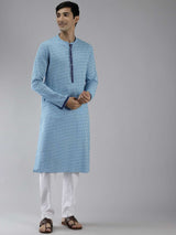 Men Blue & White Azure Printed Straight Kurta With Pajama