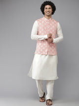 Riwaat.com Men Pink & White Solid Kurta Pajama With Nehru jacket Riwaat Indo Western