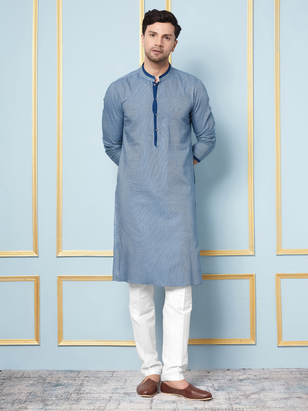 Men Blue and Weaving Design Kurta With pyjama